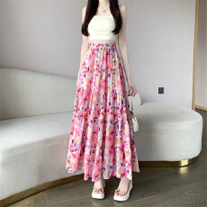 批发模特实拍春夏韩系风雪纺碎花蛋糕裙多层拼接花色大摆A字长裙