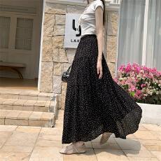 批发模特实拍百搭经典轻柔波点半身裙拼接A字半身裙<b class='q'>雪纺</b>皱半身裙