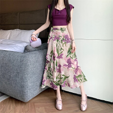 批发模特实拍夏淑女印花雪纺半身裙一片式荷叶边包臀裙度假<b class='q'>沙滩裙</b>