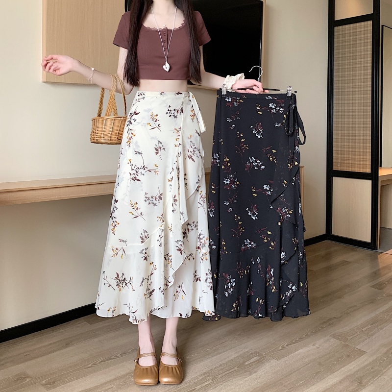 RY3369# 实拍温柔风清凉荷叶边雪纺半身裙一片式碎花围裙防晒沙滩裙