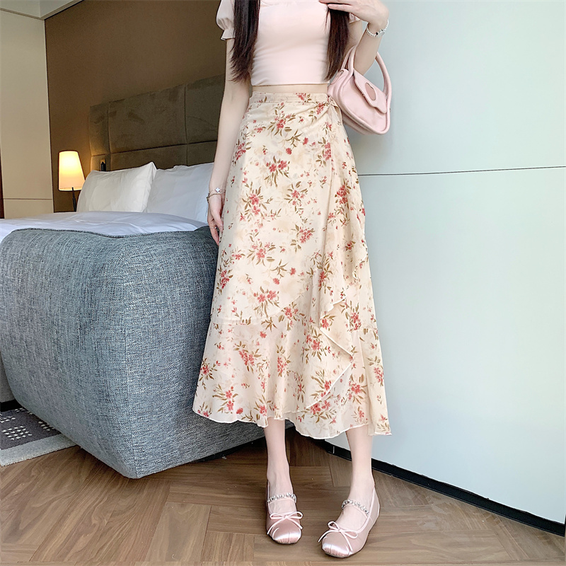 실사 부드러운 꽃무늬 쉬폰 반신 스커트 하나 슬라이스 불규칙 앞치마 레이스업 프릴 반신 스커트