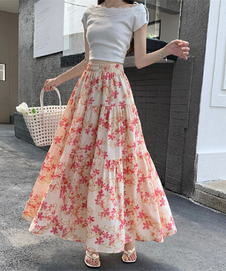 모델 실사 여름 통기성 상쾌 꽃무늬 반신 스커트 다용도 한 마디 패치워크 치마 길다 요정 꽃무늬 치마