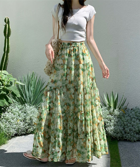 모델 실사 휴가 여행 바람 꽃무늬 쉬폰 빅 플레어 스커트 달콤함 다중 레이어 패치워크 A라인 스커트 반신 스커트