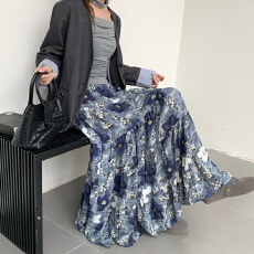 批发实拍秋冬度假旅游印花褶皱百褶大摆<b class='q'>半身裙</b>多层拼接长款A字裙