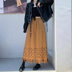 批发模特实拍游牧风鹿皮绒<b class='q'>半身裙</b>帅气潮<b class='q'>女</b>英伦流苏镂空摆小A字裙