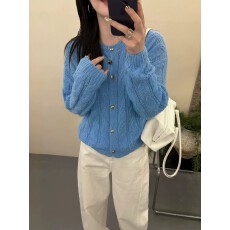 批发秋装女士圆领麻花<b class='q'>针织</b>开<b class='q'>衫</b>外套女薄款2026新款蓝色小个子短款上衣