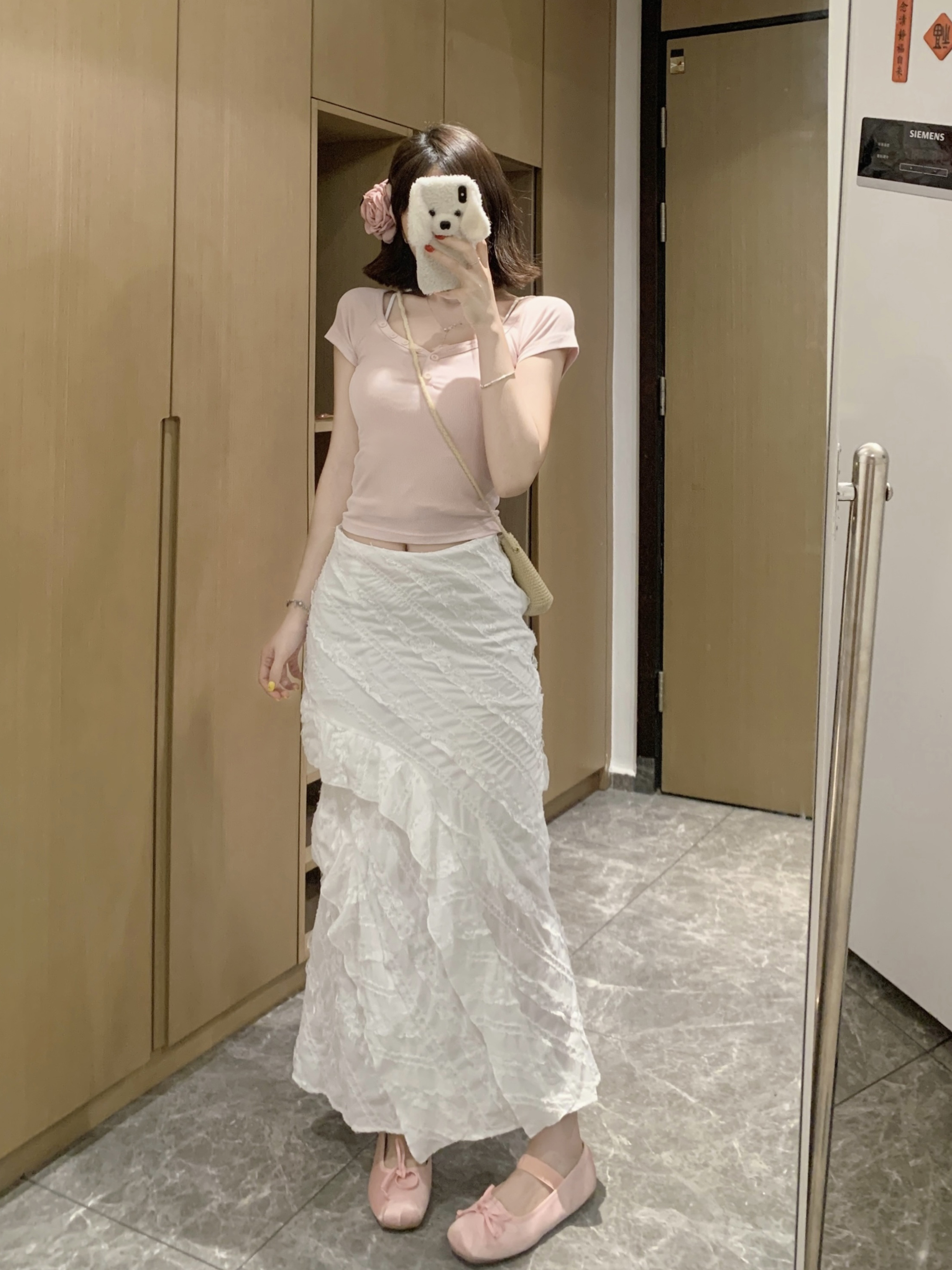 실사 빅 사이즈 여성 의류 고급 센스 불규칙 화이트 반신 스커트 레이스 조각 하이웨이스트 측면 트임 인어 꼬리 스커트