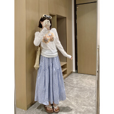 批发实拍~大码韩系套装防晒印花T恤女夏格子半身裙a字长裙休闲两件套