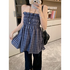 批发实拍~大码设计感两穿蓝色格子半身裙女法式气质抹胸背心裙a字伞裙