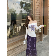 批发实拍~大码早<b class='q'>秋</b>一字肩印花长袖T恤上衣高腰显瘦半身裙两件套