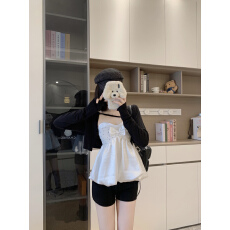 批发实拍~大码纯欲风蝴蝶结缎面波点抹胸背心早<b class='q'>秋</b>长袖开衫外套两件套