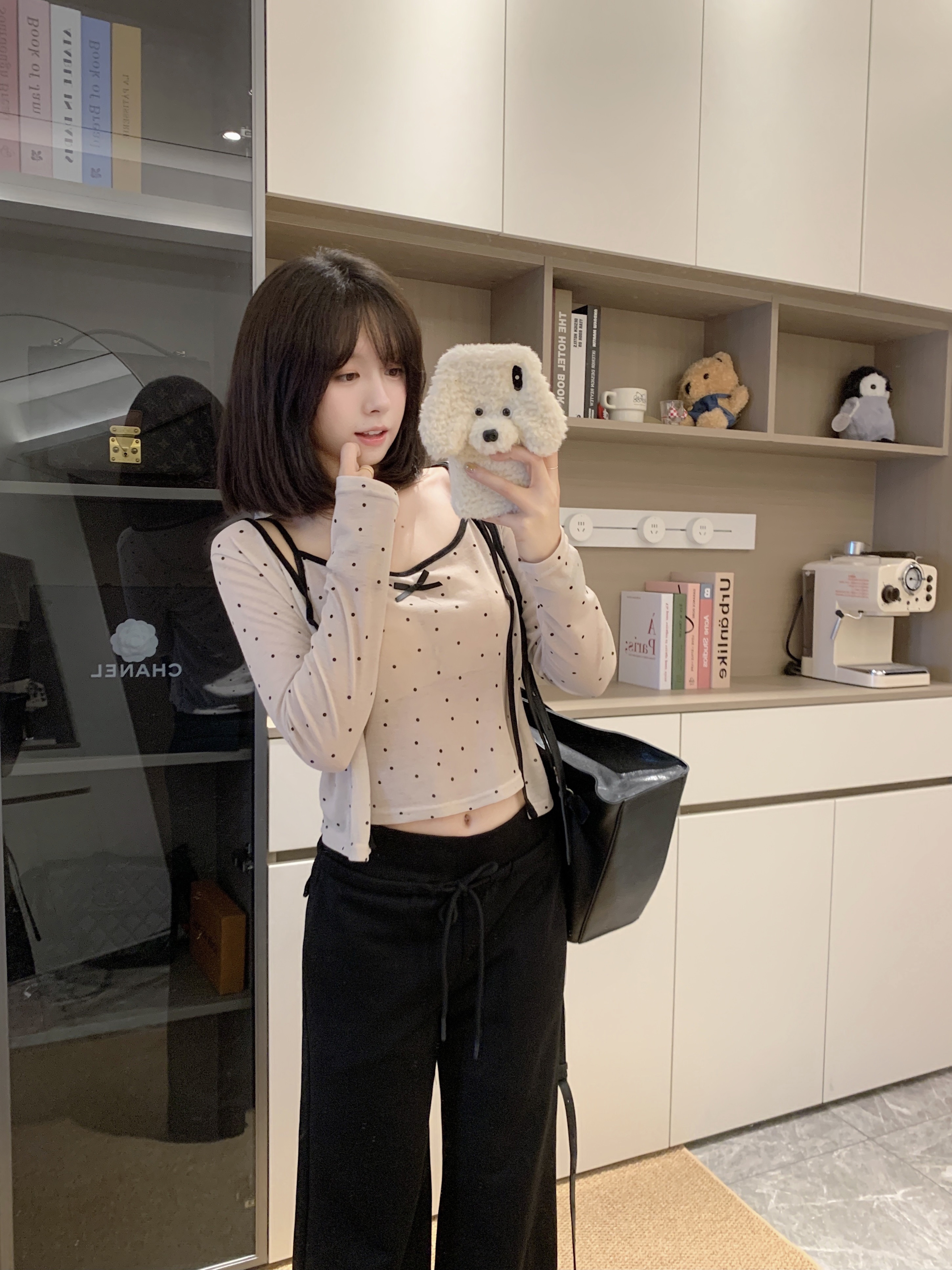 실사 빅 사이즈 밀크 티 색상 프랑스식 작은 도트 무늬 나비 매듭 슬립 오픈 가디건 세트 느긋한 바람 세련된 투피스 세트