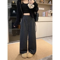 批发实拍~大码慵懒感银狐绒黑色格子毛呢休闲<b class='q'>裤</b>女高腰<b class='q'>显瘦</b>直筒阔腿<b class='q'>裤</b>