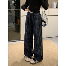 批发实拍~大码慵懒风格子撞色<b class='q'>裤</b>子女加绒<b class='q'>显瘦</b>毛呢秋冬加厚直筒阔腿<b class='q'>裤</b>