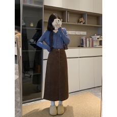批发实拍~大码韩系复古咖色灯芯绒半身裙女秋冬高腰直筒a字裙开叉长裙
