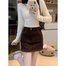 批发实拍~大码 可爱羊羔毛拼接灯芯绒短裙冬季A字包臀半身裙