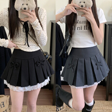 批发实拍~大码女装蕾丝花边拼接百褶半身裙高腰显瘦蝴蝶结a字短裙