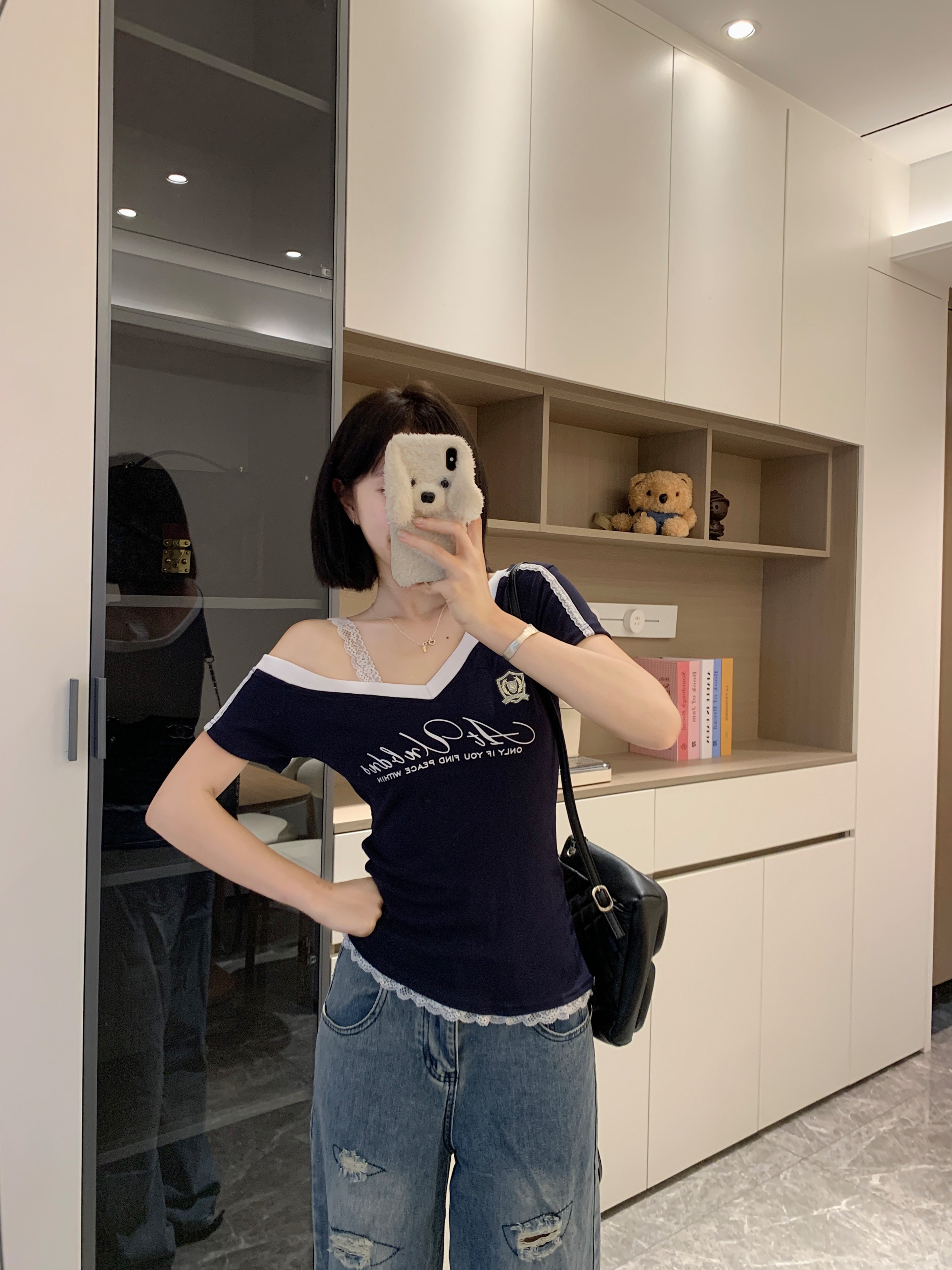 실사 빅 사이즈 아메리칸 레트로 핫걸 레이스 조각 비스듬한 어깨 반팔 티셔츠 여성 순수한 욕망 허리 수축 여름 작은 맨위