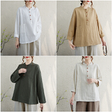 批发大货  实拍秋季<b class='q'>棉麻</b>女装新品立领拼色盘扣头大码<b class='q'>上衣</b>女式<b class='q'>棉麻</b>衬衫