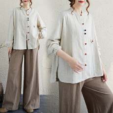 批发实拍   大货秋季棉女装新品亚麻立领拼色盘扣大码<b class='q'>上衣</b>女式棉衬衫