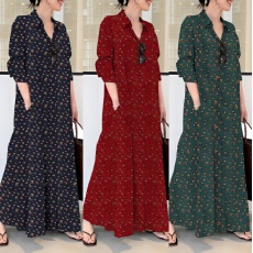 批发大货 <b class='q'>外贸</b>棉印花翻领大码长袖插袋宽松休闲长款<b class='q'>衬衫</b>连衣裙 20色