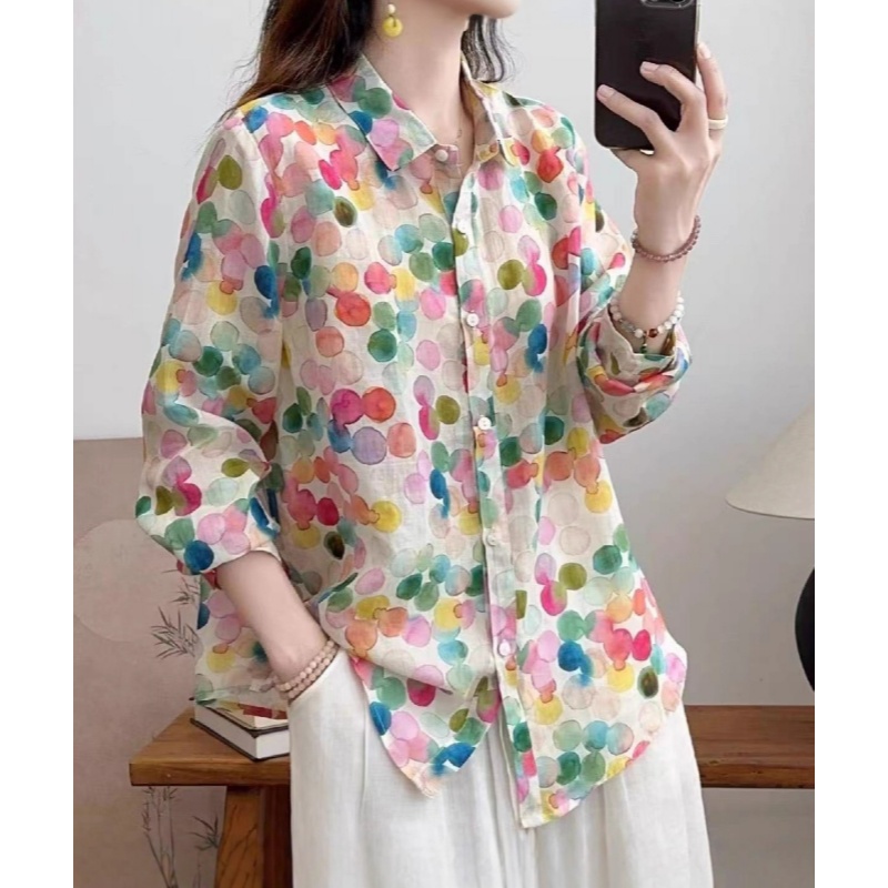 봄 가을 새로운 말 카드 용 색상 라미 꽃무늬 셔츠 루즈핏 다용도 얇은 스타일 프린트 셔츠 여성 셔츠 9 색상