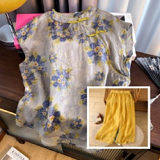 批发实拍 大货新棉麻刺绣大码<b class='q'>上衣</b>女宽松显瘦时尚+棉麻长<b class='q'>裤</b>气质套<b class='q'>装</b>