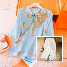 批发实拍 大货新棉麻刺绣大码<b class='q'>上衣</b>女宽松显瘦时尚+棉麻长<b class='q'>裤</b>气质套<b class='q'>装</b>