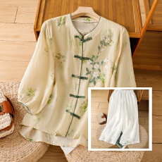 批发实拍 大货新棉麻刺绣大码<b class='q'>上衣</b>女宽松显瘦时尚+棉麻长<b class='q'>裤</b>气质套<b class='q'>装</b>