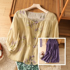 实拍   新棉麻刺绣大码上衣女宽松显瘦时尚+棉麻长裤气质套装