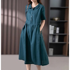 夏季新款文艺宽松拼接纯色棉麻翻领短袖连衣裙女中长款