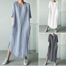 批发外贸速卖通圆领<b class='q'>半袖</b>纯色侧开叉中小腿棉麻<b class='q'>连衣裙</b>女