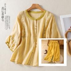 批发实拍 新棉麻刺绣<b class='q'>大码</b>上衣女宽松显瘦时尚+棉麻<b class='q'>长裤</b>气质套装