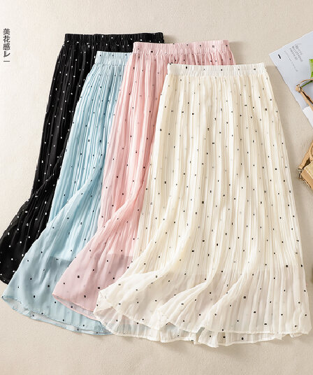 대 물품 신선함 작은 도트 무늬 쉬폰 플리츠 반신 스커트 여성 도트 좋은 Pleat 하이웨이스트 한 마디 표지 넓적 다리 중간 길이 스커트