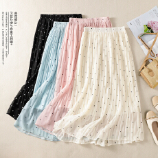 批发大货  清新小波点<b class='q'>雪纺</b>百褶半身裙女圆点细褶高腰a字遮胯中<b class='q'>长裙</b>