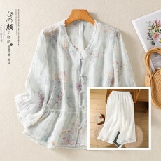 批发实拍    新<b class='q'>棉麻</b>印花大码上衣女宽松显瘦时尚+<b class='q'>棉麻</b>长<b class='q'>裤</b>气质套装