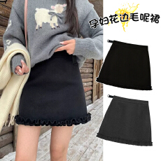 孕妇秋冬加厚毛呢无托腹产前后可穿半身裙A字包臀新款木耳边短裙