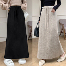 孕妇秋冬闪光银丝坑条针织直筒前侧后开叉抽绳无托腹调节半身长裙