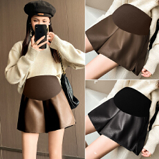 现 秋冬新款孕妇短裤百搭优质底绒面皮卡皮阔腿靴裤托腹短裤