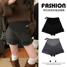 批发孕妇春毛呢百搭木耳花边阔腿短裤秋冬外穿高腰显瘦托腹短裤子