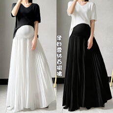 批发现 孕妇春夏季重工压褶网纱半身裙<b class='q'>秋</b>季高腰休闲大裙摆a字托腹长裙