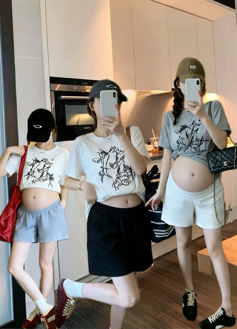 지금 임산부 여름 새로운 없음 복부 지지 참나무 늑골 돼지 버클 조정 반바지 나비 매듭 반팔 티셔츠 투피스 세트 세트