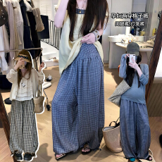 批发孕妇夏季韩系抽绳打揽格子阔腿裤产前后可穿气质百搭休闲灯笼长裤