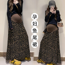 批发天猫品质 孕妇洋气<b class='q'>百搭</b>秋冬豹纹丝绒a字裙时尚遮胯一步托腹加长裙