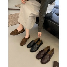 批发复古金属扣乐福鞋女温柔<b class='q'>学院风</b>英伦风一脚蹬 百搭舒适圆头平底鞋