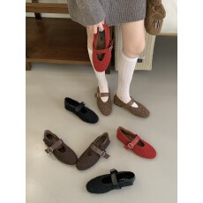 2025年冬季新款复古休闲平底毛毛鞋女圆头一字带玛丽珍鞋加绒单鞋