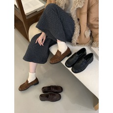 批发复古老钱风粗跟黑色乐福鞋豆豆鞋秋冬女鞋一脚蹬单鞋英伦小皮鞋女