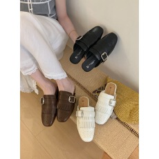 批发2026新款一脚蹬双排扣软皮包头鞋女复古百搭方头半拖鞋穆勒鞋女鞋