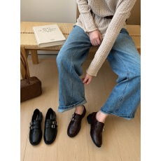 批发法式百搭配阔腿裤的厚底鞋复古真皮黑色布洛克乐福鞋女英伦风单鞋