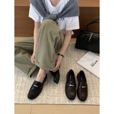 批发法式百搭配阔腿裤的厚底鞋复古真皮黑色布洛克乐福鞋女英伦风单鞋